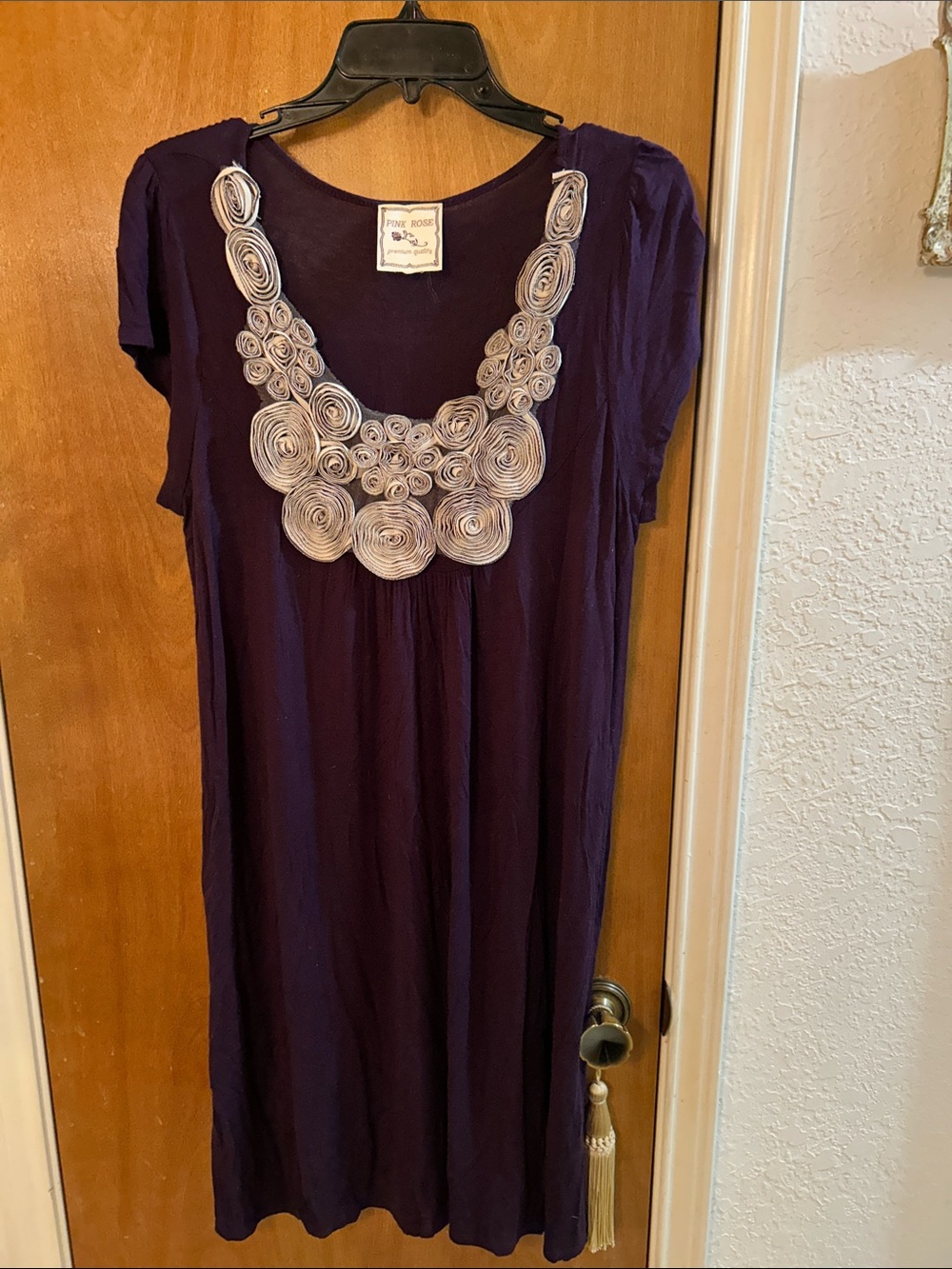 Deep Purple Scoop-Neck Midi Dress with Cream Rosette Trim. XL. Like new